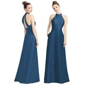 🔴
D772 by Alfred Sung HIGH-NECK SATIN‎ DRESS WITH POCKETS Blue